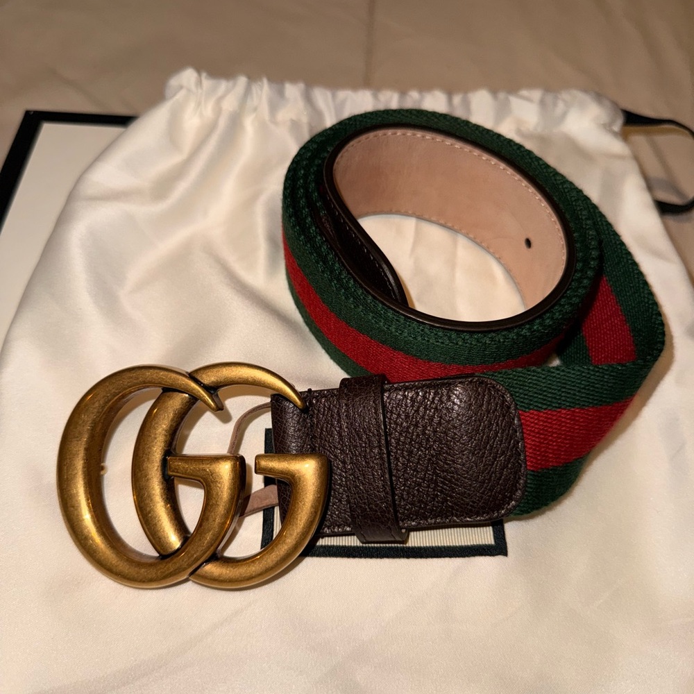 Gucci Men's Green and Red Belt with Gold Buckle